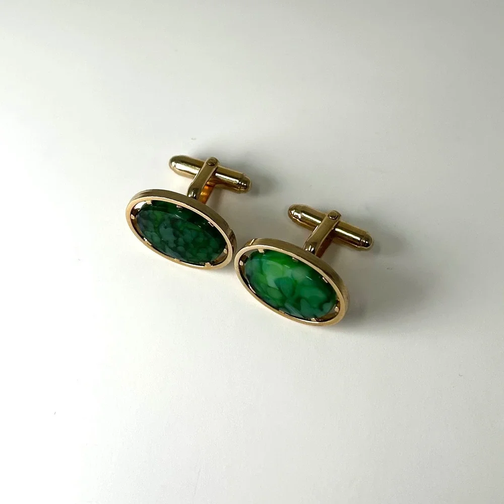 Vintage Gold Tone Green Marbled Semi Precious Oval Cufflinks Mid Century Modern‎